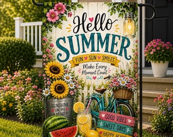 Hello Summer Garden Flag, Summer Porch Decor, Sunflower Lemon Watermelon Flag, Farmhouse Welcome Yard Flag, Outdoor Patio Decor Welcome Sign