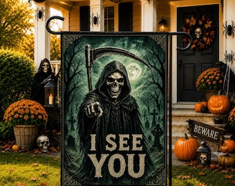 I See You Garden Flag, Grim Reaper Halloween Flag, Spooky Graveyard Decor, Gothic Skull Outdoor Flag, Haunted House Yard Flag Welcome Flag