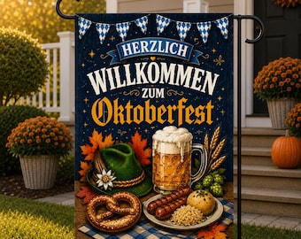 Herzlich Willkommen Zum Oktoberfest Garden Flag, Bavarian Beer Decor, German Welcome Flag, Fall Porch Decor, Oktoberfest Gift Welcome Flag