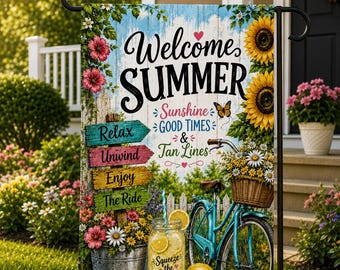 Welcome Summer Garden Flag, Bicycle Porch Decor, Sunflower Lemon Flag, Farmhouse Summer Yard Decor, Outdoor Welcome Flag Welcome Sign