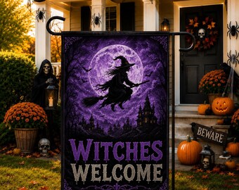 Witches Welcome Garden Flag, Witch Halloween Flag, Spooky Outdoor Decor, Gothic Haunted House Flag, Purple Moon Yard Flag Welcome Flag