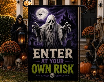 Enter At Your Own Risk Garden Flag, Ghost Halloween Flag, Haunted Graveyard Decor, Spooky Outdoor Flag, Gothic Porch Decoration Welcome Flag