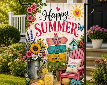 Happy Summer Garden Flag, Summer Porch Decor, Floral Yard Flag, Welcome Garden Flag, Lemonade Patio Decor, Gift for Garden Lovers Welcome