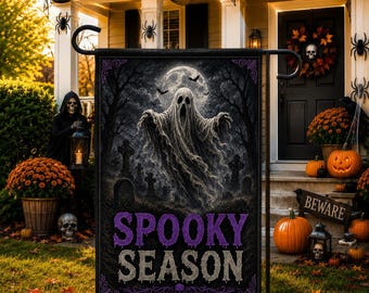 Spooky Season Garden Flag, Ghost Halloween Flag, Haunted Graveyard Decor, Gothic Outdoor Flag, Spooky Yard Decoration Welcome Flag