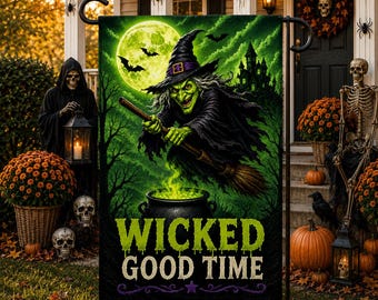 Wicked Good Time Garden Flag, Halloween Witch Flag, Spooky Outdoor Decor, Witch Halloween Porch Flag, Gothic Yard Decoration Welcome Flag