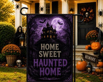 Home Sweet Haunted Home Garden Flag, Haunted House Halloween Flag, Gothic Outdoor Decor, Spooky Porch Yard Flag, Ghostly Home Welcome Flag