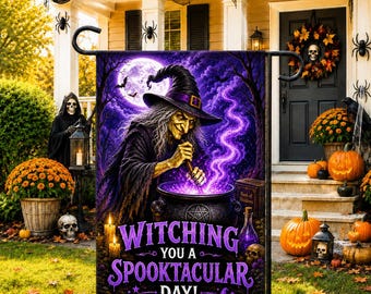 Witching You a Spooktacular Day Garden Flag, Funny Witch Halloween Flag, Gothic Outdoor Decor, Haunted Porch Yard Flag Welcome Flag
