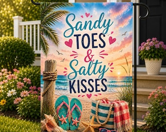 Sandy Toes Salty Kisses Garden Flag, Beach House Decor, Coastal Porch Flag, Ocean Lover Gift, Summer Yard Flag, Tropical Decor Welcome Sign