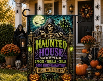 Haunted House Garden Flag, Grim Reaper Halloween Flag, Spooky Outdoor Decor Gothic Haunted Mansion Yard Flag, Enter If You Dare Welcome Flag