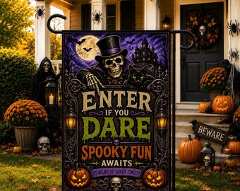 Enter If You Dare Garden Flag, Halloween Skeleton Flag, Black Cat Decor Haunted House Yard Flag, Spooky Outdoor Halloween Decor Welcome Flag