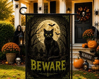 Beware Black Cat Garden Flag, Halloween Cat Flag, Spooky Outdoor Decor, Gothic Yard Flag, Witch Cat Halloween Decoration Welcome Flag