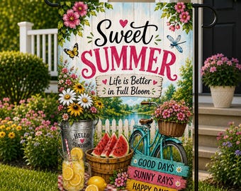 Sweet Summer Garden Flag, Watermelon Porch Decor, Lemonade Sunflower Flag, Farmhouse Summer Yard Decor, Welcome Garden Flag Welcome Sign