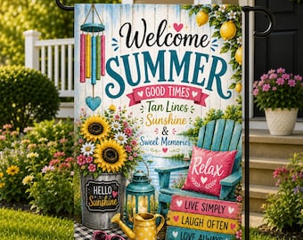 Welcome Summer Garden Flag, Summer Porch Decor, Floral Yard Flag, Farmhouse Patio Decor, Lemon Garden Flag, Outdoor Welcome Sign
