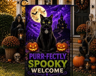 Purr-fectly Spooky Welcome Garden Flag Black Cat Halloween Flag Gothic Cat Decor Spooky Outdoor Yard Flag, Witch Cat Porch Sign Welcome Flag