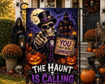 The Haunt Is Calling Garden Flag, Halloween Skeleton Flag, Haunted House Decor, Spooky Outdoor Flag, Trick or Treat Yard Sign Welcome Flag