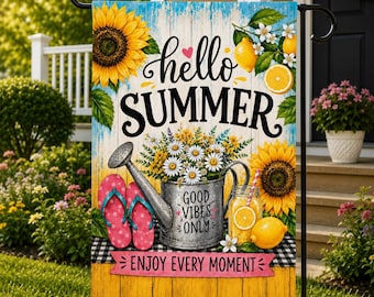 Hello Summer Garden Flag, Sunflower Lemon Porch Decor, Summer Welcome Flag, Farmhouse Yard Flag, Outdoor Patio Decor Welcome Sign