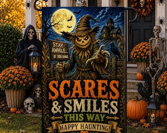 Scares & Smiles Garden Flag, Halloween Scarecrow Flag, Spooky Yard Decor, Haunted House Outdoor Flag, Pumpkin Porch Flag Welcome Flag