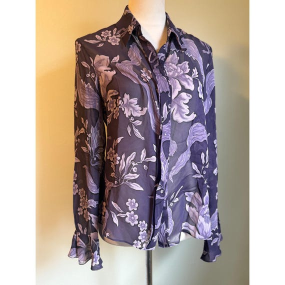 Albert Nípon Silk Floral Sheer Button Blouse 6 Pu… - image 1