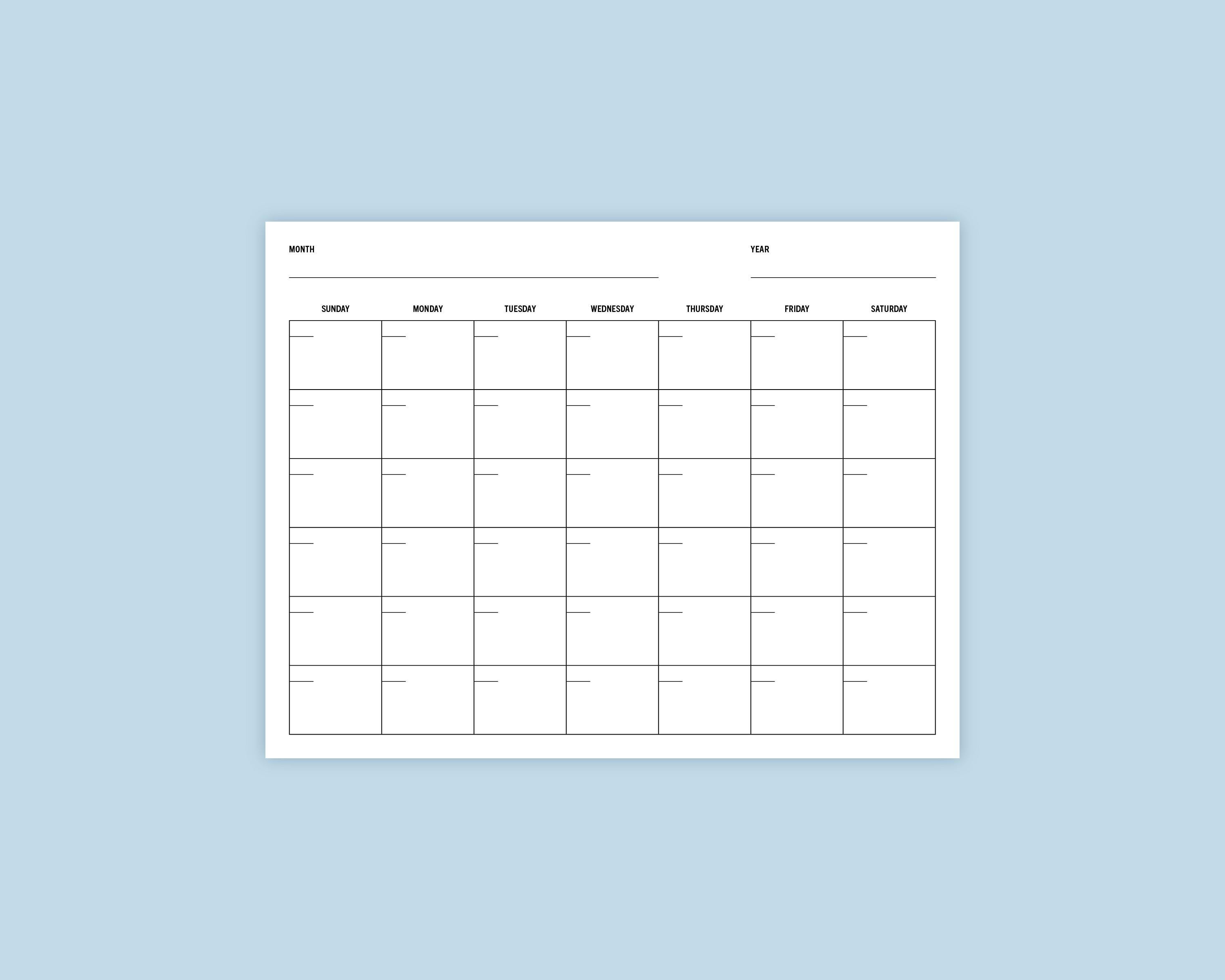 Printable Monthly Calendar PDF - Undated One-page Planner | Landscape