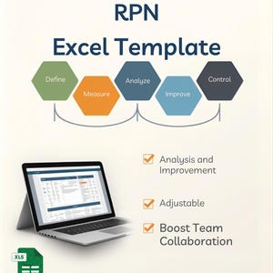 May include: An advertisement for an FMEA RPN Excel Template. The image features a laptop displaying a spreadsheet, a green XLS file icon, and a series of colored hexagons labeled Define, Measure, Analyse, Improve, and Control. Text includes "Analysis and Improvement", "Adjustable", and "Boost Team Collaboration".