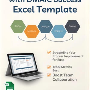 May include: An advertisement for an Excel template, featuring a laptop displaying a spreadsheet. The graphic includes the text "Unlock Lean Success with DMAIC Success Excel Template" and a "Download Now" button. The image also shows a series of hexagonal shapes labeled "Define", "Measure", "Analyze", "Improve", and "Control".
