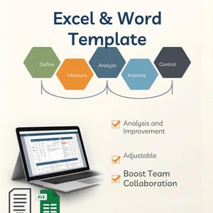 May include: An advertisement for a 5S Audit Checklist Excel & Word Template. The image shows a laptop displaying a spreadsheet, document and Excel file icons, and a series of hexagonal shapes labeled Define, Measure, Analyze, Improve, and Control. Text includes "Analysis and Improvement", "Adjustable", and "Boost Team Collaboration".