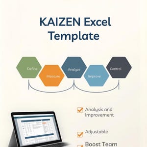 May include: A digital KAIZEN Excel Template graphic featuring a five-step process diagram with hexagonal icons labelled Define, Measure, Analyse, Improve, and Control. Below, a laptop displays a spreadsheet, alongside text for Analysis and Improvement, Adjustable, and Boost Team.