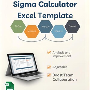 May include: A DPMO & Process Sigma Calculator Excel Template featuring a diagram with hexagonal icons labeled Define, Measure, Analyze, Improve, and Control. A laptop displays a spreadsheet, with text listing features and a Download Now button.