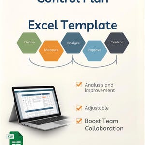 Może przedstawiać: Reklama szablonu Excel o nazwie „Plan kontroli”. Obraz przedstawia laptopa wyświetlającego arkusz kalkulacyjny, szereg sześciokątnych kształtów oraz tekst „Analiza i ulepszenia”, „Regulowany” i „Zwiększ współpracę zespołu”.