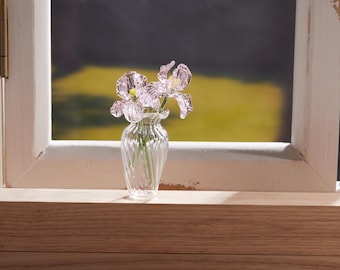 ミニアイリスガラスフラワーと花瓶、手吹きガラスフラワーオーナメント、2月の誕生月の花、パーソナライズされた誕生日ギフト
