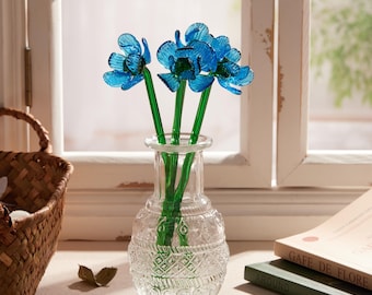 Blue Glass Flower Bouquet in Clear Vase, Handcrafted Glass Blossom Stem Decor, Eternal Floral Gift for Home, Desk or Anniversary