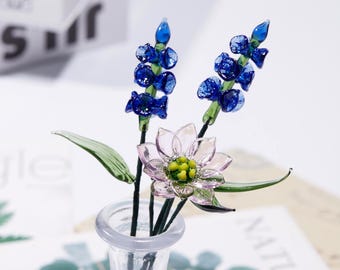 Glass May Birth Flower Figurine, July Birth Flower Gift, Mother's Day Gift, Gift for Her, Larkspur, Water Lily, Housewarming Gift