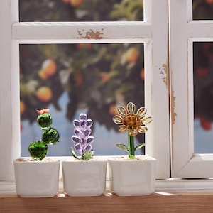 May include: Three glass plant sculptures in white square pots. A green cactus with a pink flower, a purple lavender, and a yellow and orange sunflower. The plants sit on a wooden surface in front of a window.