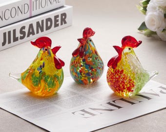 Bunte Kunst Glas Hahn Figur, mundgeblasene Huhn Skulptur, Bauernhaus Dekor im Murano-Stil, einzigartiges Glas Tier Geschenk