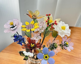 Handmade Glass Birth Flower Bouquet, Desk Decor Crystal Flower Arrangement, Mother’s Day Keepsake, Birthday Gift for Her