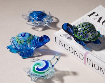 Mundgeblasene Glas-Meeresschildkröte-Figur, Ozean-Kunst-Tierskulptur, Küstengeschenk für Ozean-Liebhaber
