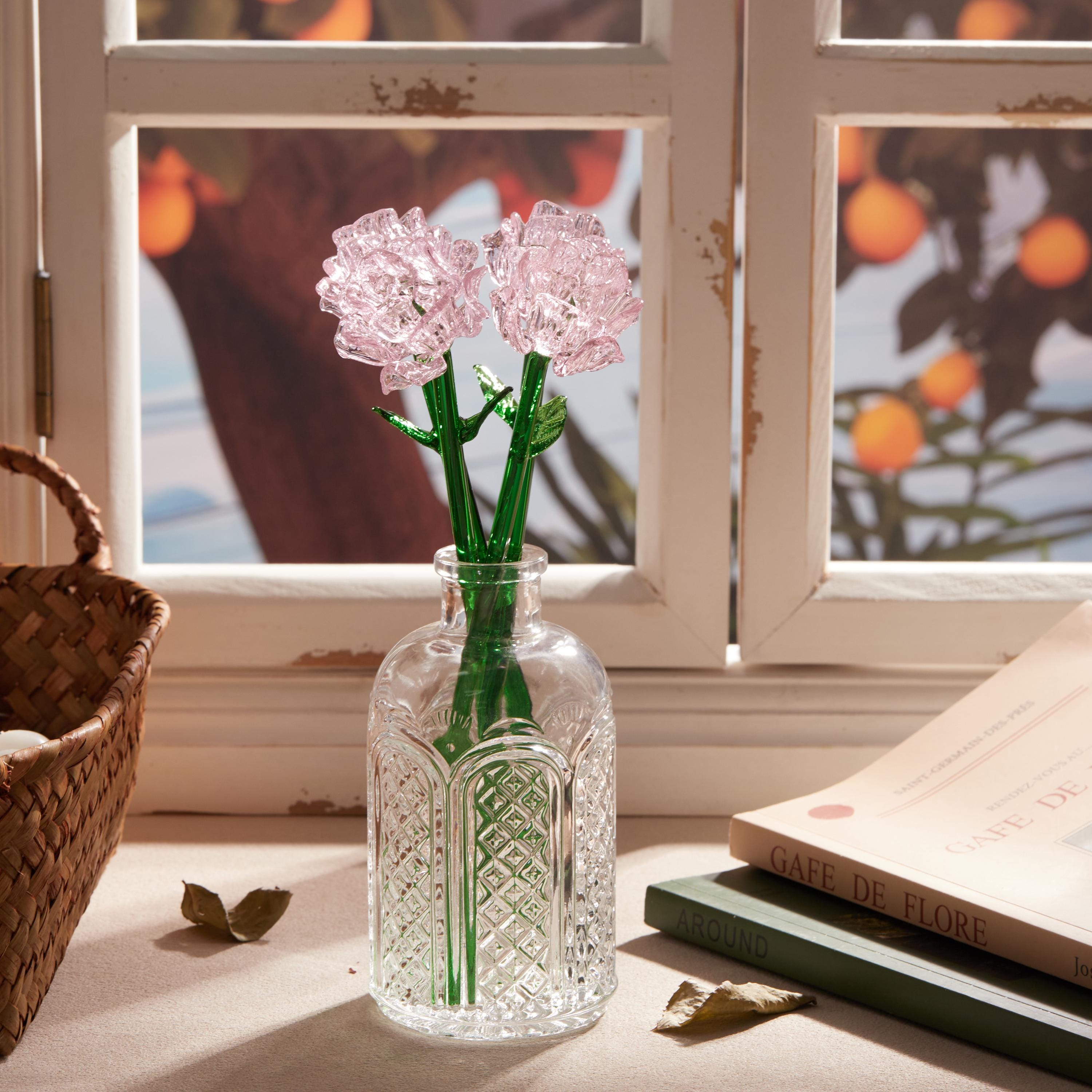Pink Glass Flower Bouquet with Vase, Handcrafted Eternal Glass Rose Gift, Crystal Botanical Home Decor