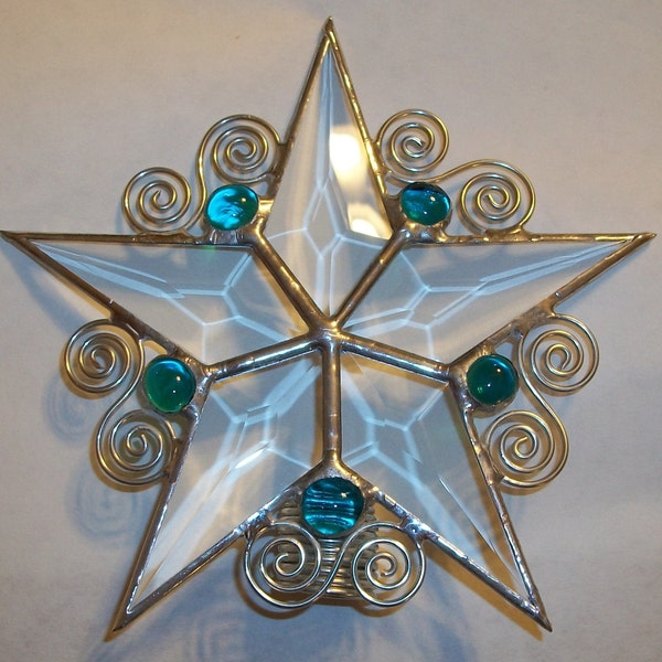 Small Glass Tree Topper, Whimsical Beveled Star Six Inches