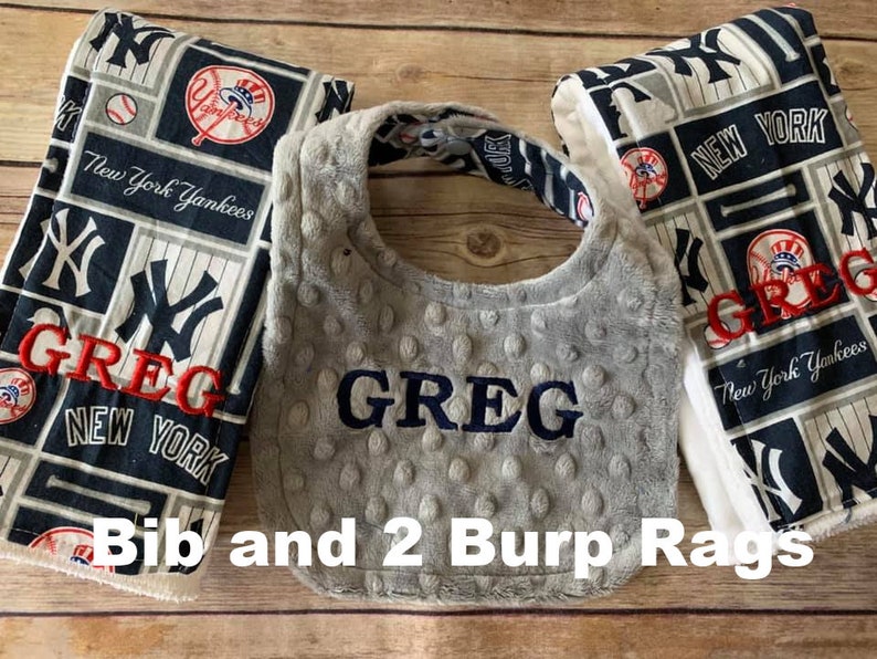 Personalized Chicago Blackhawks Hockey Fleece and Minky Baby Blanket burp rag or bib. Also available as a pillow