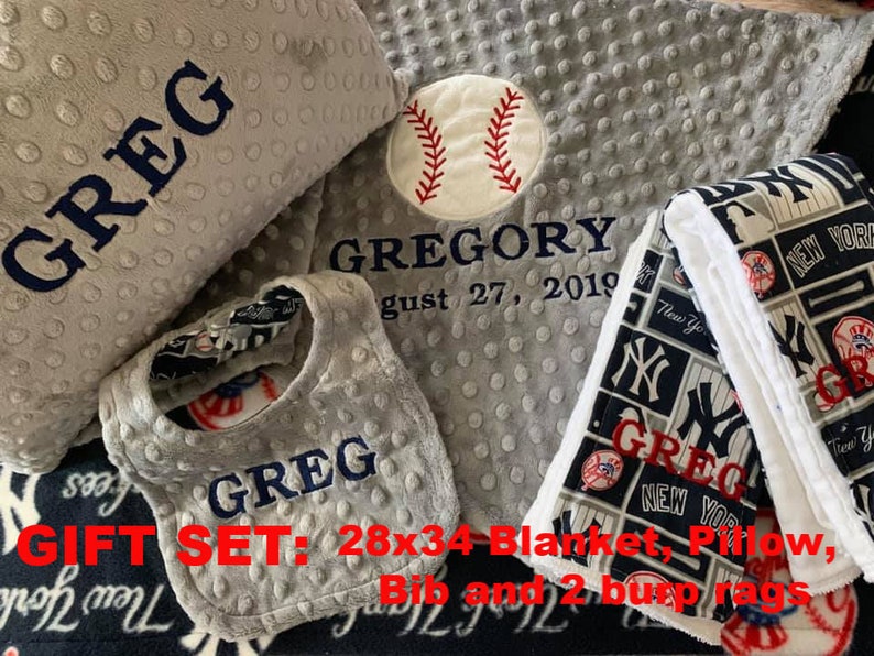 Personalized Chicago Blackhawks Hockey Fleece and Minky Baby Blanket burp rag or bib. Also available as a pillow