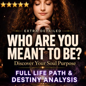 Pode incluir: Imagem com o texto "WHO ARE YOU MEANT TO BE?" e "Discover Your Soul Purpose". A imagem apresenta uma mulher com os olhos fechados e o texto "FULL LIFE PATH & DESTINY ANALYSIS". A imagem tem um fundo escuro com estrelas douradas.