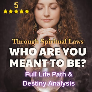 May include: Image features a woman with closed eyes, hands clasped, and text overlay. The text reads "Through Spiritual Laws WHO ARE YOU MEANT TO BE? Full Life Path & Destiny Analysis." Five gold stars are at the top.