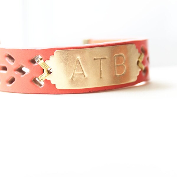 Personalized Bracelet, Monogram Leather Bracelet, Coral Pink, Initial Bracelet, Personalized Bracelet, Name Bracelet, Custom Name Bracelet