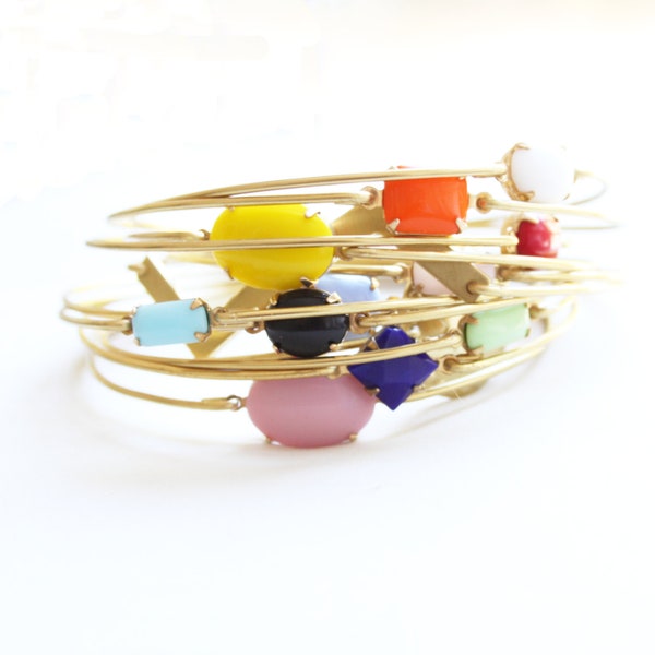 Lucky Thirteen Bangle Set, Stacked Bangles, Gem Stone Bangle, Bezel Bangle, Charm Bracelet, Colored Stone Bracelet, Vintage Stones