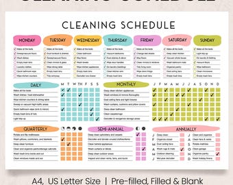 May include: A printable cleaning schedule titled "CLEANING SCHEDULE". It's divided into daily, weekly, monthly, quarterly, semi-annual, and annual tasks. The document is A4 and US Letter size, pre-filled, filled & blank.