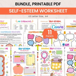May include: A collection of colorful self-esteem worksheets, including a self-confidence worksheet, a strengths assessment, and a self-care checklist. The bundle is a printable PDF, US Letter size, and A4 size. The image includes the text "SELF-ESTEEM WORKSHEET".