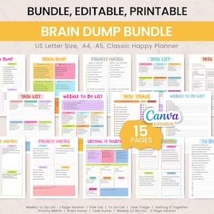 Puede incluir: Un conjunto de 15 páginas de planificador imprimibles, que incluyen plantillas de Brain Dump, Lista de tareas y Lista de tareas semanales. El paquete es editable en Canva y está disponible en tamaños US Letter, A4, A5 y Classic Happy Planner.