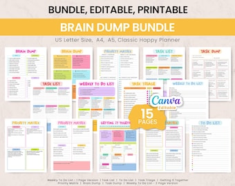 EDITABLE Brain Dump Template BUNDLE, To Do List Printable, ADHD Daily Planner, Productivity, Priority Matrix, Work Day, Canva Editable