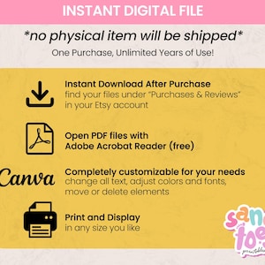 May include: A digital file advertisement with a yellow background and pink text. The text includes "Instant Digital File" and "no physical item will be shipped." Instructions are provided for downloading, opening PDF files, customizing with Canva, and printing.