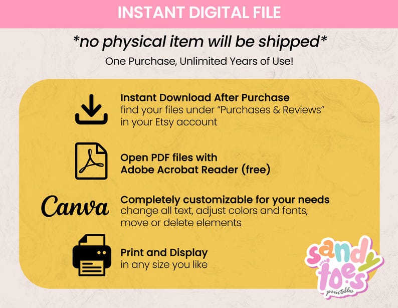 May include: A digital file advertisement with a yellow background and pink text. The text includes "Instant Digital File" and "no physical item will be shipped." Instructions are provided for downloading, opening PDF files, customizing with Canva, and printing.